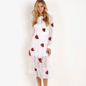 For Love & Lemons Jamie King LaZosia Sequins Heart Lace Midi Dress Small